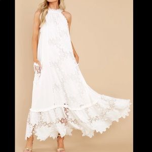 White Lace High Collar MIDI Dress